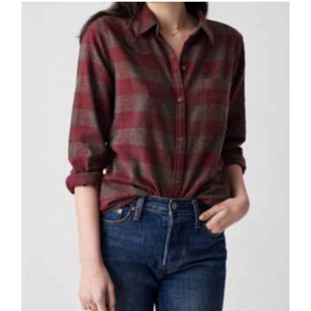 Faherty Flannel Shirt Women's XS Burgundy Gray Plaid 100% Cotton Button Down